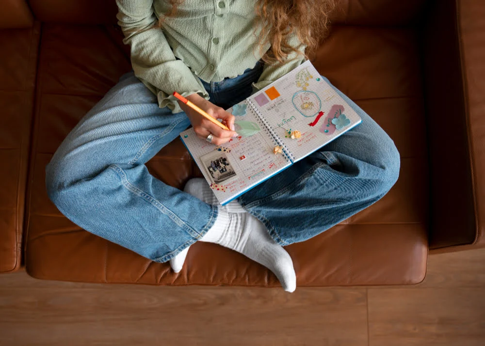 Manual journaling menggunakan buku fisik.