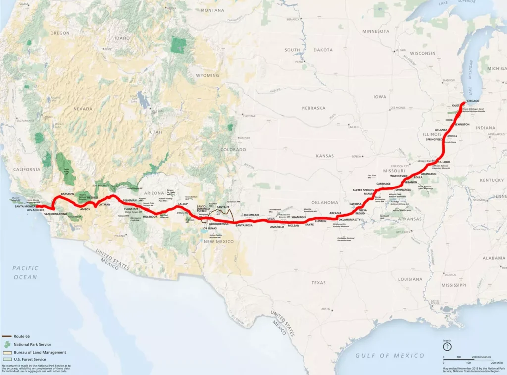 An illustration of Route 66 stretching from Chicago to Los Angeles